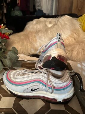 Nike Womens ' Air Max 97 White with Pink & Teal Accent Sneakers